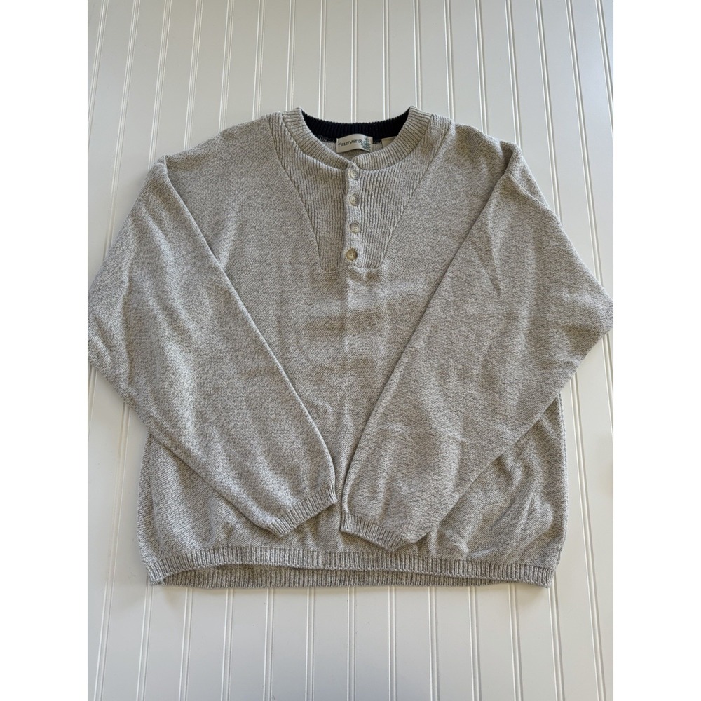 Fieldmaster Mens Henley Sweater L Gray Cotton 1/4 Button USA Made